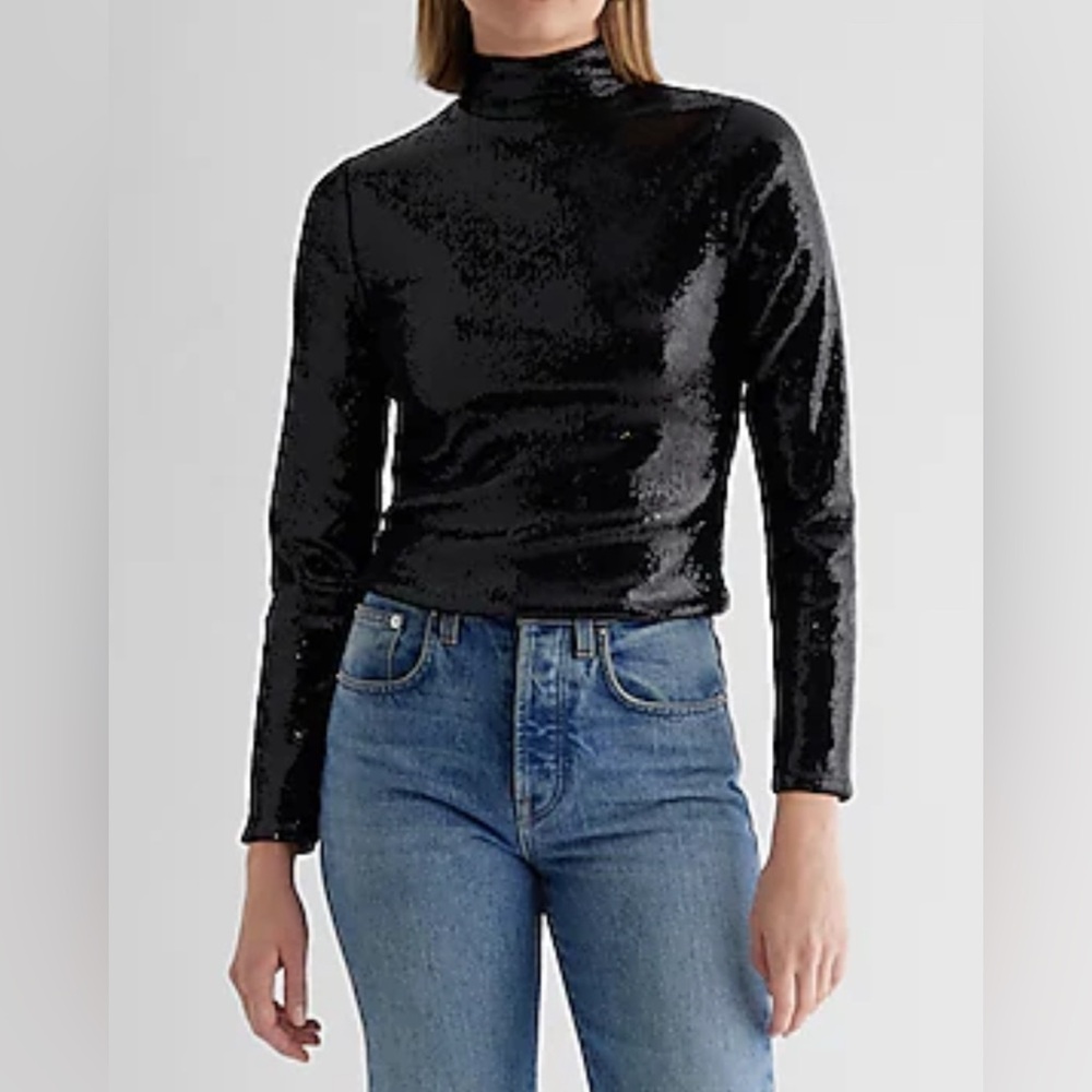 Express Black Sequin Turtleneck Blouse